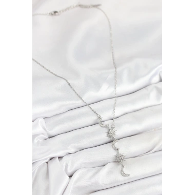 316L Çelik Zirkon Taşlı Güneş Ve Ay Model Gümüş Renk Kadın Kolye