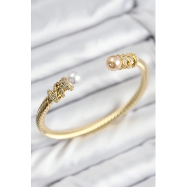 316L Çelik Zirkon Taşlı İnci Model Gold Renk Kadın Bileklik