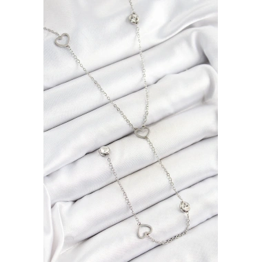 316L Çelik Zirkon Taşlı Kalp Figürlü Y Model Gümüş Renk Kadın Kolye