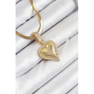 316L Çelik Zirkon Taşlı Kalp Model Gold Renk Kadın Kolye