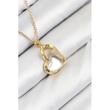 316L Çelik Zirkon Taşlı Kalp Model Gold Renk Kadın Kolye