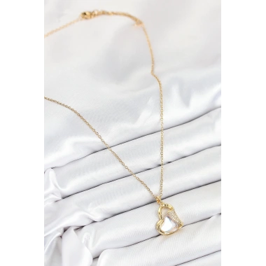 316L Çelik Zirkon Taşlı Kalp Model Gold Renk Kadın Kolye