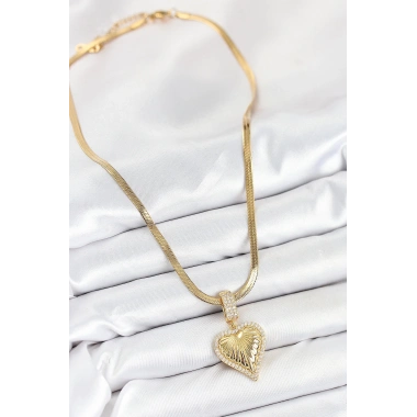 316L Çelik Zirkon Taşlı Kalp Model Gold Renk Kadın Kolye