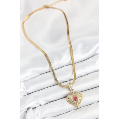 316L Çelik Zirkon Taşlı Kanatlı Kalp Model Gold Renk Kadın Kolye
