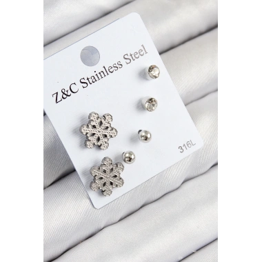 316L Çelik Zirkon Taşlı Kar Tanesi Model Gümüş Renk Kadın Set Küpe