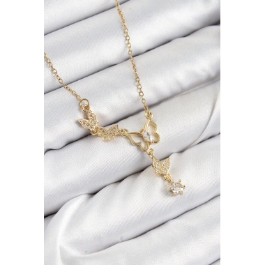 316L Çelik Zirkon Taşlı Kelebek Model Gold Renk Kadın Kolye