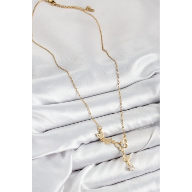 316L Çelik Zirkon Taşlı Kelebek Model Gold Renk Kadın Kolye