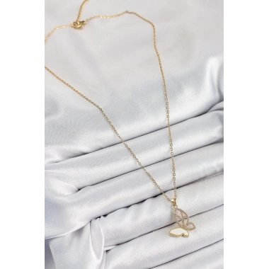 316L Çelik Zirkon Taşlı Kelebek Model Gold Renk Kadın Kolye