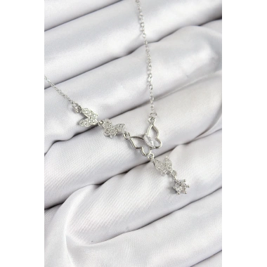 316L Çelik Zirkon Taşlı Kelebek Model Gümüş Renk Kadın Kolye