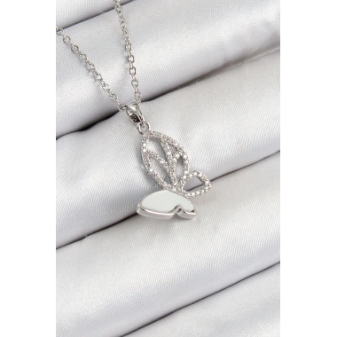 316L Çelik Zirkon Taşlı Kelebek Model Gümüş Renk Kadın Kolye