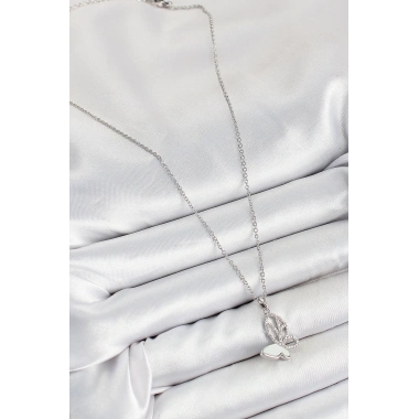 316L Çelik Zirkon Taşlı Kelebek Model Gümüş Renk Kadın Kolye