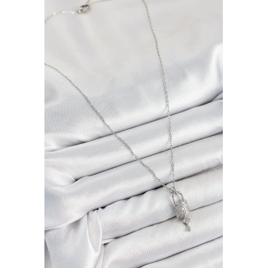 316L Çelik Zirkon Taşlı Kilit Ve Sallantılı Anahtar Model Gümüş Renk Kadın Kolye