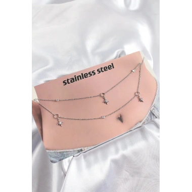 316L Çelik Zirkon Taşlı Kutup Yıldızı Model Gümüş Renk Göbek Bel Zinciri