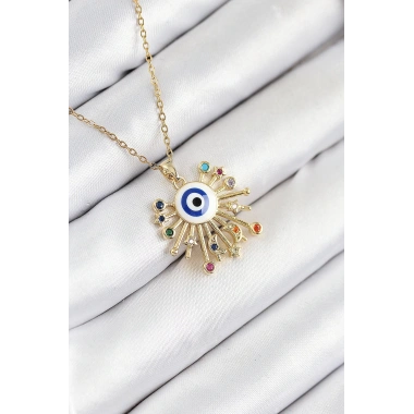 316L Çelik Zirkon Taşlı Nazar Model Gold Renk Kadın Kolye