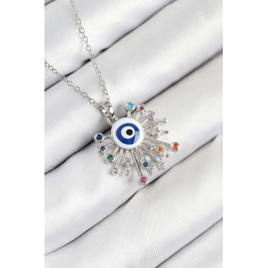 316L Çelik Zirkon Taşlı Nazar Model Gümüş Renk Kadın Kolye