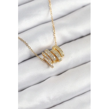 316L Çelik Zirkon Taşlı Sarmal Model Gold Renk Kadın Kolye