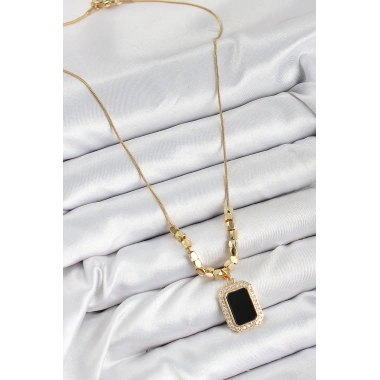 316L Çelik Zirkon Taşlı Siyah Baget Model Gold Renk Kadın Kolye