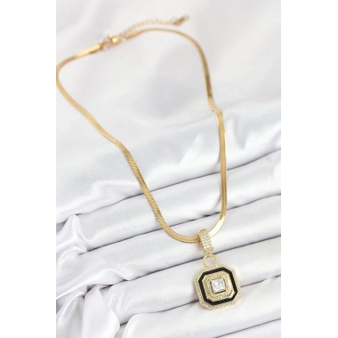 316L Çelik Zirkon Taşlı Siyah Detaylı Baget Model Gold Renk Kadın Kolye