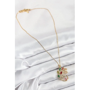 316L Çelik Zirkon Taşlı Tavus Kuşu Model Gold Renk Kadın Kolye