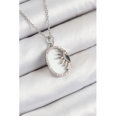 316L Çelik Zirkon Taşlı Yarım Güneş Model Gümüş Renk Kadın Kolye