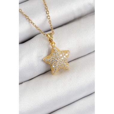 316L Çelik Zirkon Taşlı Yıldız Model Gold Renk Kadın Kolye