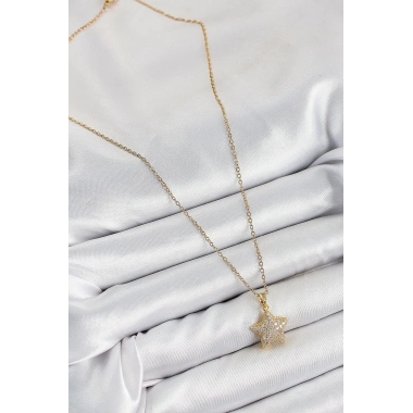 316L Çelik Zirkon Taşlı Yıldız Model Gold Renk Kadın Kolye