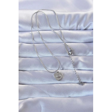 316L Gümüş Renk Zirkon Taşlı İşlemeli Göz Detay Kalp Kolye