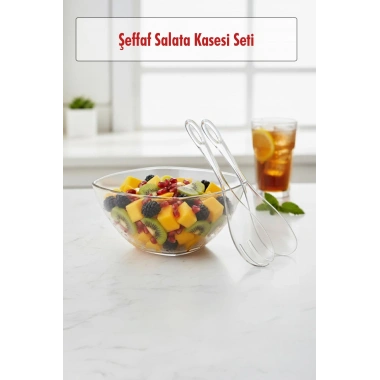 3,5 Lt Şeffaf Akrilik Salata Servis Kasesi ve Çatal Kaşık Seti - 3 Parça