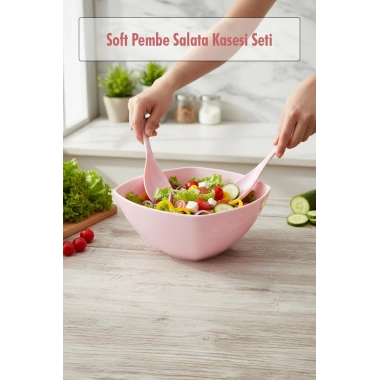 3,5 Lt Soft Pembe Akrilik Kare Salata ve Servis Kasesi Seti – 3 Parça
