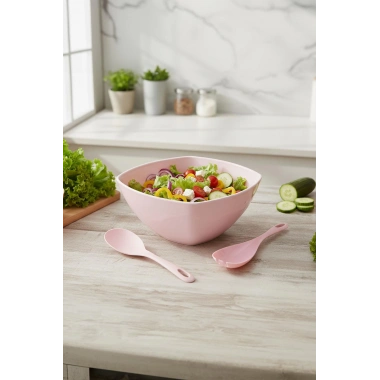 3,5 Lt Soft Pembe Akrilik Kare Salata ve Servis Kasesi Seti – 3 Parça