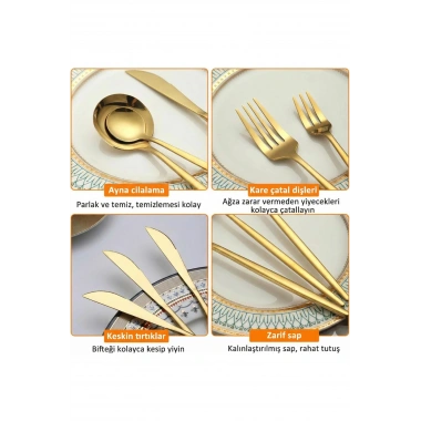 36 Parça Lüks Gold Paslanmaz Çelik Çatal Kaşık Bıçak Takımı