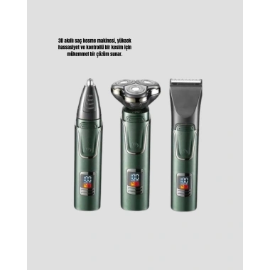 3D Akıllı Kesim Teknolojili Şarjlı Tıraş Seti – 3 Başlıklı, Paslanmaz Çelik Bıçaklı