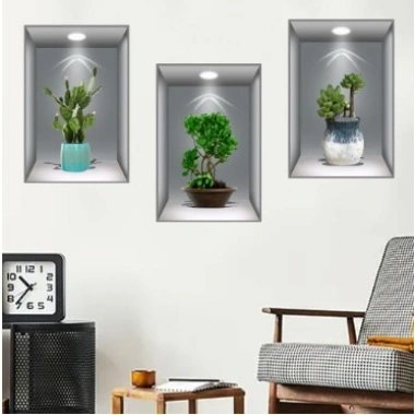 3D Çiçek Vazo Duvar Sticker 3 lü Set GRİ Fon (5468)