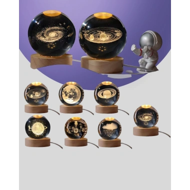 3D Lazer İşlemeli Galaksi Küre USB LED Ahşap Standlı Oda Gece Lambası