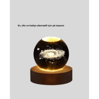 3D Samanyolu Galaksi Kristal Küre USB LED Işıklı Ahşap Standlı Gece Lambası