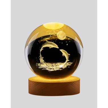 3D Yunus Desenli Kristal Küre Ahşap Tabanlı Işıklı Dekor Objesi
