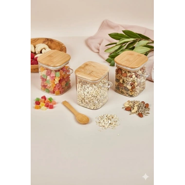 3’lü Kaşıklı Cam Kavanoz Seti Baharatlık Saklama Kavanozu 450 ml