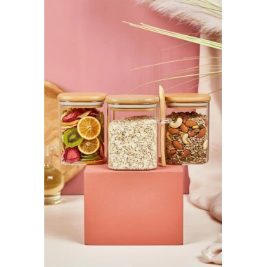 3’lü Kaşıklı Cam Kavanoz Seti Baharatlık Saklama Kavanozu 450 ml