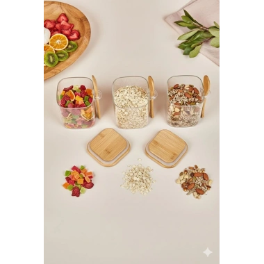 3’lü Kaşıklı Cam Kavanoz Seti Baharatlık Saklama Kavanozu 450 ml