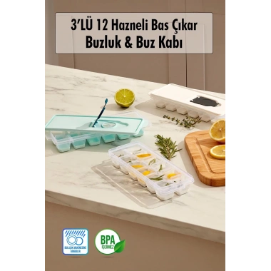3’lü Set 12 Hazneli Bas Çıkar Buzluk & Buz Kabı
