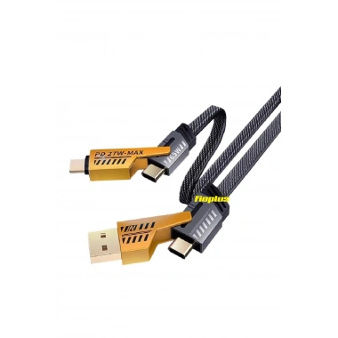 4in1 PD 65 Watt Type-C/27 Watt iPhone Halat Örgü Kırılmaz Uç 1MT Hızlı Şarj ve Data Kablosu fp98