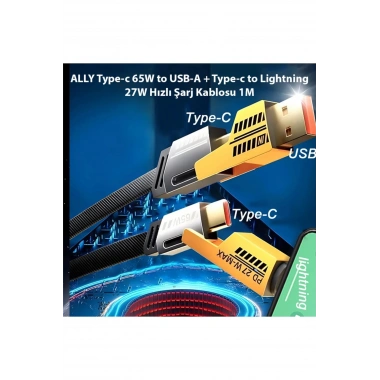 4in1 Type-c 65W to USB-A + Type-c to Lightning 27W Hızlı Şarj Kablosu SİYAH
