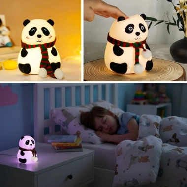 5 Farklı Renk Modlu Panda Figürlü Pofuduk LED Gece Lambası–Yumuşak Dokulu Çocuk Odası ve Dekoratif Şarjlı Ortam Işığı (5468)