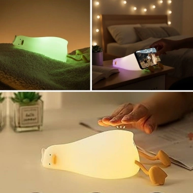 5 Farklı Renk Modlu Tembel Ördek Figürlü Pofuduk LED Gece Lambası–Yumuşak Dokulu Çocuk Odası ve Dekoratif Şarjlı Ortam Işığı (5468)