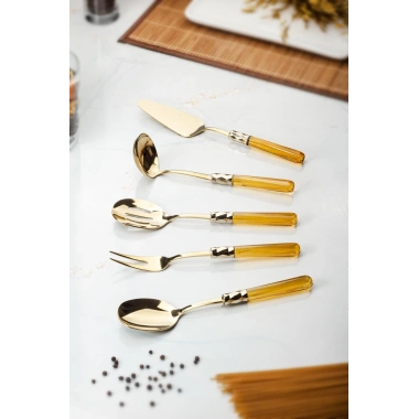 5 Parça Gold Servis Seti & Servis Sunum Seti Amber ( Kepçe / Kevgir / Sıpatula / Çatal / Kaşık )