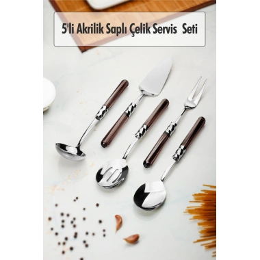 5 Parça Platin Servis Seti & Servis Sunum Seti Füme ( Kepçe / Kevgir / Sıpatula / Çatal / Kaşık )