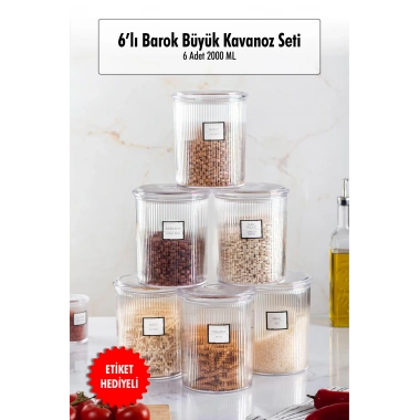 6lı Barok Yuvarlak Büyük Kavanoz Seti & Saklama Kabı & Erzak Kabı (6*2000 ML)