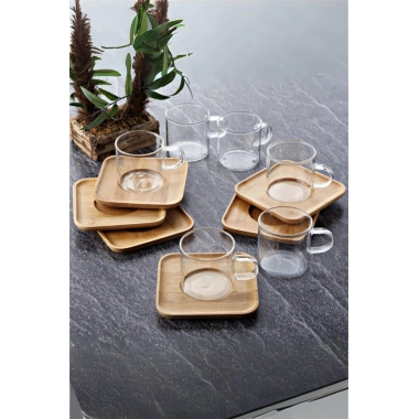 6 Lı Cam Çay Fincanı Seti Bambu Tabanlı 200 ml