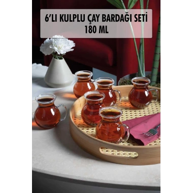 6lı Keyfi Ala Borosilikat Cam Kulplu Çay Bardağı