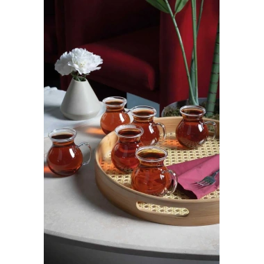 6lı Keyfi Ala Borosilikat Cam Kulplu Çay Bardağı